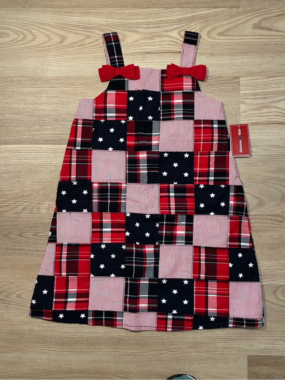 NWT Gymboree Girls' Red & Navy Patchwork Sundress with Bows, sizes 6 & 7